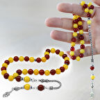 925 Ayar Gümüş Foxtail Zincir Püsküllü Küre Kesim Sarı Kırmızı Jade Akik Doğaltaş Taraftar Tesbih