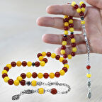 Kararmaz Metal Arnavut Zincir Püsküllü Küre Kesim Sarı Kırmızı Jade Akik Doğaltaş Taraftar Tesbih M1