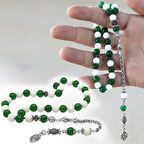 Kararmaz Metal Arnavut Zincir Püsküllü Küre Kesim Yeşil Beyaz Jade Doğaltaş Taraftar Tesbih M1