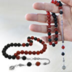 925 Ayar Gümüş Püsküllü Küre Kesim Kırmızı Siyah Ayyıldız Oniks Akik Doğaltaş Taraftar Tesbih