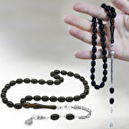 925 Ayar Gümüş Kral Zincir Püsküllü Sülün İmame Beyzi Kesim Siyah - Sarı Hareli Katalin Tesbih