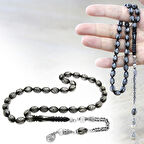 Erzurum Oltu Taşı Tesbih - 925 Ayar Gümüş Kral Püsküllü - Gümüş İşlemeli Mine Dolgulu - Arpa Kesim
