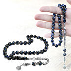 Erzurum Oltu Taşı Tesbih - 925 Ayar Kral Zincir Püsküllü - Gümüş Firuze İşlemeli - Küre Kesim