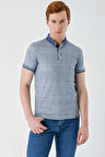 İndigo Mavi Desenli Jakarlı Düğmeli Yaka Cepli Casual Slim Fit Dar Kesim Tişört 1011240174