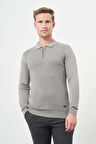 Gri Uzun Kol Kendinden Desenli Örme Polo Yaka Classic Comfort Fit Triko 1012245156