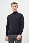 Koyu Lacivert Uzun Kol Kendinden Desenli Örme Yarım Balıkçı Yaka Classic Comfort Fit Triko 1012245157