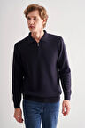Koyu Lacivert Fermuarlı Polo Yaka Uzun Kol Cepsiz Comfort Fit Casual Pamuklu Triko Kazak 1012255202