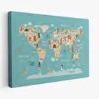 Harita Sepeti Hayvanlar Alemi Çocuk Odası Dünya Haritası Kanvas Tablo 1013