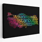 Harita Sepeti İller İsimli Siyah Zeminli Dekoratif Kanvas Tablo 1016