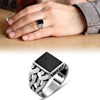 Zincir Tasarım Siyah Oniks Taşlı 925 Ayar Gümüş Erkek Yüzük