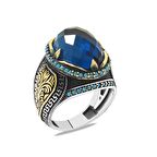 Faset Kesim Turkuaz Zirkon Taşlı Oval Tasarım Grek Süslemeli 925 Ayar Gümüş Erkek Yüzük