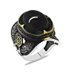 Oniks Taşlı Kenarları "Mühr-i Süleyman" İşlemeli 925 Ayar Gümüş Erkek Yüzük