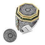 Üzerine Hüsn-i Hat "Ayetel Kürsi" Yazılı Zirkon Taş Süslemeli Hançer Detaylı 925 Ayar Gümüş Erkek Yüzük