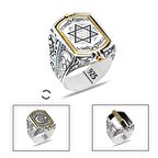 Çift Taraflı Ayyıldız&"Mühr-i Süleyman" İşlemeli 925 Ayar Gümüş Erkek Yüzük