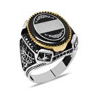 Siyah Sıkma Kehribar Taşlı "Kişiye Özel İsim/Harf & Dört Halife İsmi" İşlemeli 925 Ayar Gümüş Erkek Yüzük