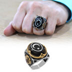 Erzurum Oltu Taşı Üzerine Ayyıldız İşlemeli Kenarları Mikro Zirkon Taş Mıhlamalı Oval Tasarım Koleksiyonluk 925 Ayar Gümüş Erkek Yüzük