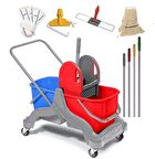 Safell Çift Kovalı Plastik Temizlik Arabası - Temizlik Seti - 6 Parça