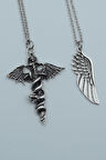 2'li Kılıç Yarasa Yılan Büyük Kanat Gümüş Kaplama Kolye Seti