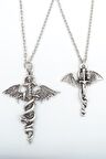 2'li Kılıç Yarasa Yılan - Ejderha Kılıç Erkek Kadın Kolye Seti 925 Ayar Gümüş Kaplama