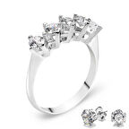 Chavin 1 Carat Beştaş 5 Taş Gümüş Yüzük ve Küpe dh12