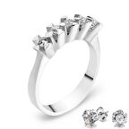 Chavin 0.35 Karat Beştaş 5 Taş Gümüş Yüzük ve Küpe dh14