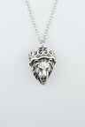 Aslan Kral Kafası - Taçlı Erkek Kadın Kolye Antik Gümüş Kaplama - 60 cm Düz Zincir