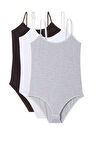 3 Adet İp Askılı Kadın Çıtçıtlı Body Siyah Beyaz Gri