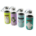 CAM ŞİŞE  MATARA SULUK  RESİMLİ BEZ KILIFLI - TAŞIMA İPLİ   420ML   KROM KAPLAMA PLS.KAPAK 