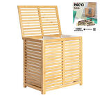 LAUNDRY BASKET 2 BÖLMELİ AHŞAP BAMBU KİRLİ ÇAMAŞIR SEPET KUMAŞ ÇANTALI SEPET=50X38X55CM (5060)