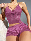 Arias Closet Dantelli Büstiyer İnce Askılı Lila Saten Şortlu Takım