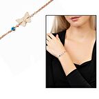 Beyaz Zirkon Taşlı Rose Renk Kelebek Tasarım Nazar Boncuğu Detaylı 925 Ayar Gümüş Kadın Bileklik