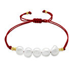 Makrome Örgülü Naturel Kesim Kırmızı İpli Dorika Top Süslemeli Doğal İnci Kadın Bileklik