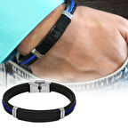 Silikon Kordonlu Siyah Çelik Plakalı Mavi İp Detaylı Kişiye Özel İsim Harf/Yazılı Erkek Bileklik