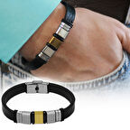 Siyah Deri&Çelik Kombinli Üç Plakalı Kişiye Özel Harf Yazılı Erkek Bileklik