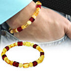 Sarı-Kırmızı Silindir&Küp Kesim Doğal Damla Kehribar Erkek Bileklik