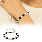 Makrome Örgülü Küre Kesim Siyah Beyaz Jade Oniks Hematit Doğaltaş Kadın Taraftar Bileklik