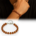 Gümüş Renk Metal Zincirli Dorika Top Süsleme Küp Kesim Bal Rengi Doğal Damla Kehribar Erkek Bileklik