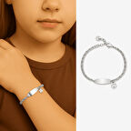 Çocuk Çelik Bileklik - İsme Özel Yazılı - Gümüş Renk - Yonca Yaprağı Detaylı - Espanzer Zincirli