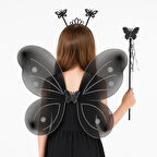 Periboia Siyah Kelebek Kız Seti – 50 cm Kelebek Kanadı, Taç ve Asa