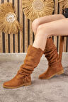 Günlük Kadın Diz Altı Çizme Körüklü Alçak Topuklu Tırtıklı Tabanlı Kürklü Astarlı Püskül Detay 1045