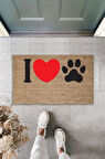 Dijital Baskı Kahverengi Kırmızı Kalpli I Love Pati Dekoratif Kapı Paspası K-2074