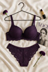 Mor Dantel Detaylı Push Up Sütyen Takımı