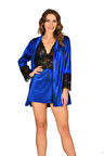 Mavi Kadife Sabahlık & Gecelik Takım 2' Li - 1444
