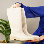 Günlük Kadın Diz Altı Çizme Alçak Topuklu Tırtıklı Tabanlı Oval Burun Kürklü Astarlı Sade Rahat 1050