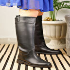 Günlük Kadın Diz Altı Çizme Alçak Topuklu Tırtıklı Tabanlı Oval Burun Kürklü Astarlı Sade Rahat 1050