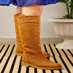 Günlük Kadın Diz Altı Çizme Alçak Topuklu Tırtıklı Tabanlı Oval Burun Kürklü Astarlı Sade Rahat 1050