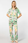 Türen Kadın Desenli Kısa Kol Dokuma Pijama Takım 3604/Yeşil