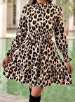 Kadın Uzun Kollu Yarı Balıkçı Yaka Leopar Desenli Modal Mini Elbise