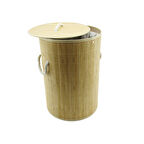 YUVARLAK BAMBU AHŞAP KİRLİ ÇAMAŞIR SEPETİ 35X60CM SEYYAR KAPAKLI İÇİ BEZLİ İP KULPLU  