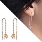 Tesbihane Zirkon Tektaşlı Sandviç Tasarım Rose Renk 925 Ayar Gümüş Sallantılı Küpe